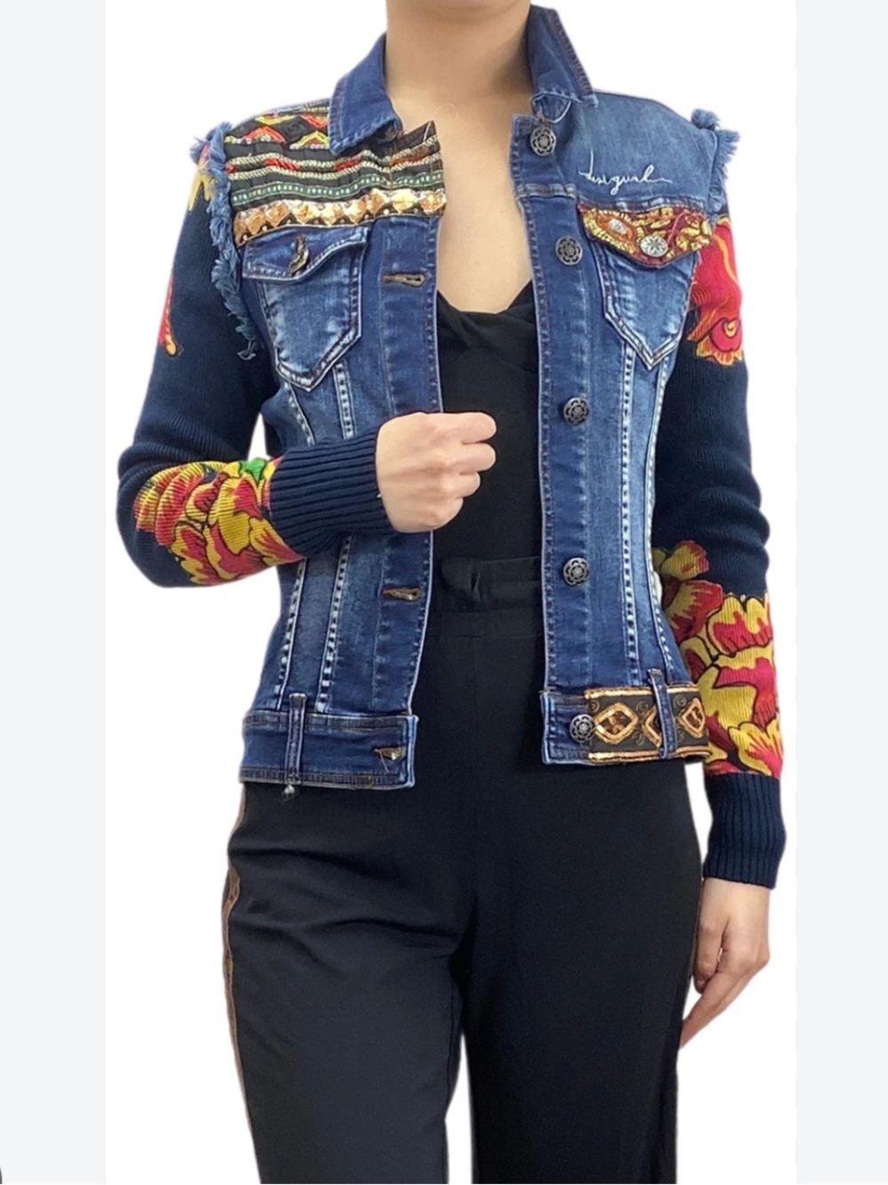 Desigual Blue Denim Jacket Sz 44 Mixed Media Knit Floral Sleeves Boho Retro